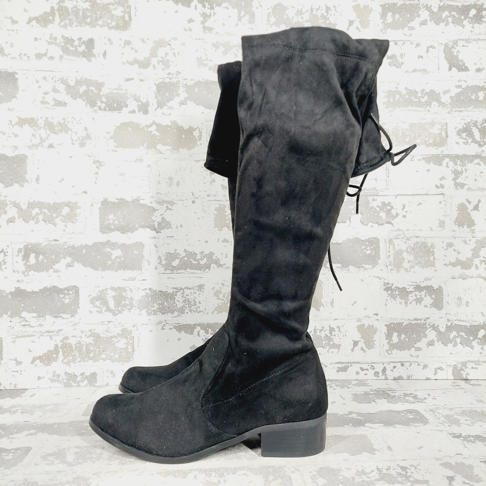 New Charles by Charles David Black Tall Lace Block Heel Over The Knee Boots C465